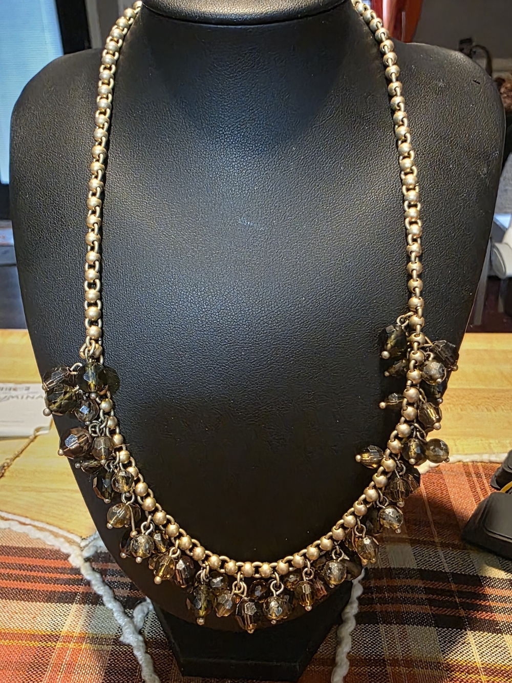 Gold-Tone Beaded Necklace with Smoky Brown Glass Charms